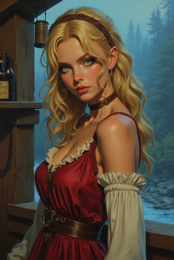 ne0nfant4sy, masterpiece, oil painting of stunningly beautiful A beautiful young woman dressed like a tavern wench, beautiful refined face detail, bright light eyes, flirty smile, cute glint in her blue eyes, wonderful and innocent energy, adventurous spirit, Lucious blonde hair, atmospheric fog, (an old tavern in the forest by a river), by Frank Frazetta, by Luis Royo, by boris vallejo, oil painting, american shot  looking at the viewer, seductive smile, inviting smile, 