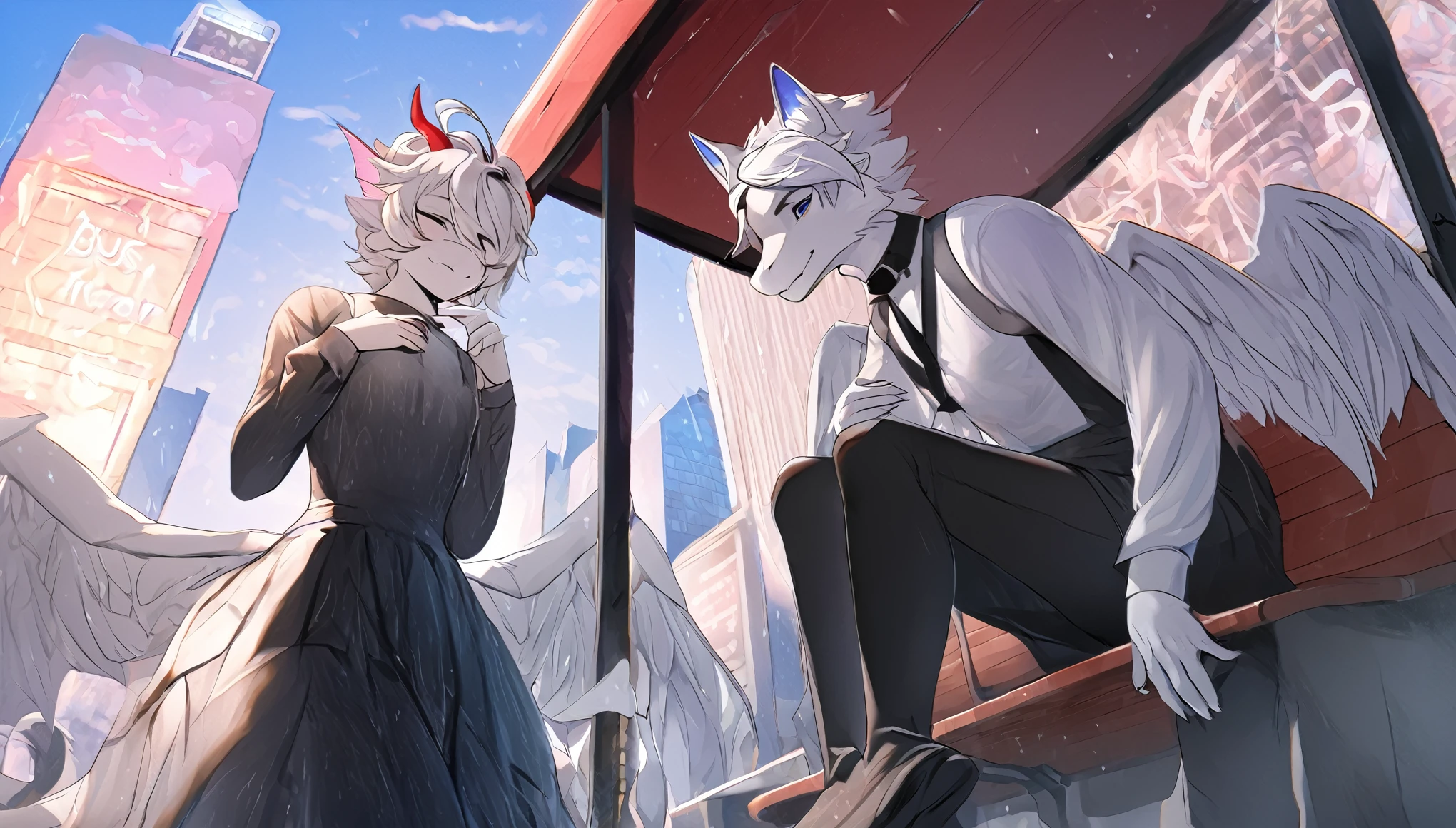 White Dragon Fluffy Red Horned Skinny Femboy All White Evening Dress Cool White Wings White Hair City Place Rain Fairy Wings Handsome Hairstyle Handsome Face Sitting at Bus Stop 4k Pictures Handsome looking dragons