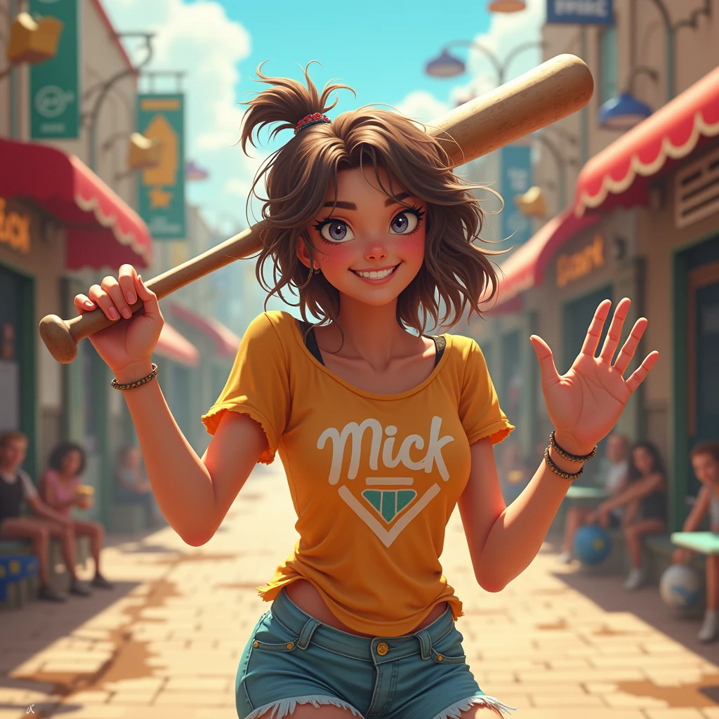 character, young woman, (Jinx :1.2), bounce,  two legs in different directions, twine, bright,  ulybka, having fun,  perfect anatomy,  car ,  in different striped colors , background city, bright colors, A baseball bat jumps over a , detailed city, shops,  in his hand a beautiful sunny day , clouds, warm tones, 8 k, masterpiece,  best quality,  Complex Details , HDR,