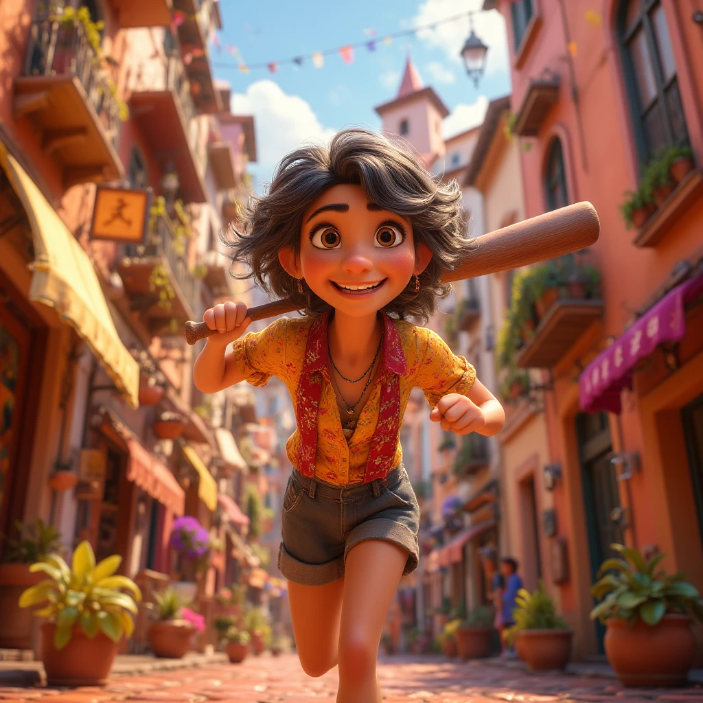 character, young woman, (Jinx :1.2), bounce,  two legs in different directions, twine, bright,  ulybka, having fun,  perfect anatomy,  car ,  in different striped colors , background city, bright colors, A baseball bat jumps over a , detailed city, shops,  in his hand a beautiful sunny day , clouds, warm tones, 8 k, masterpiece,  best quality,  Complex Details , HDR,