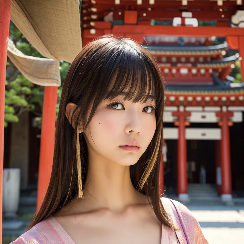  beautiful Japanese women ,solo, bangs,  big breasts at the temple,  shortcuts, Blonde,pout, Hide your ears,  simple background, Front blur,  mole on the corner of your mouth, Teardrop,large teardrop bag