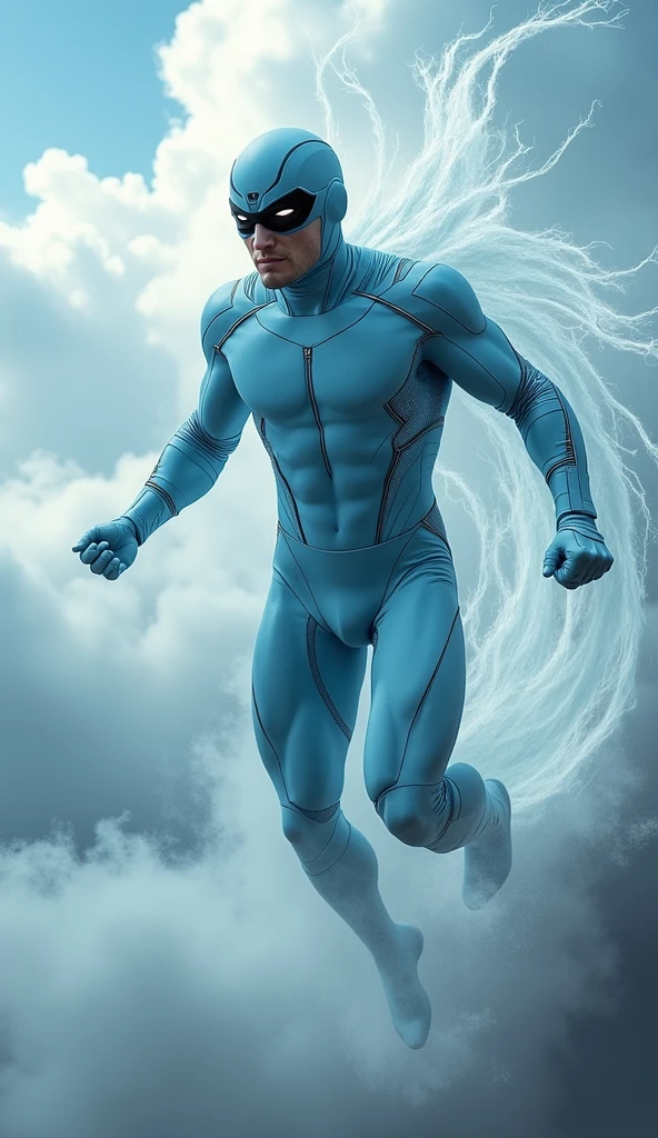 immortal, muscular, black hair, beard, bodysuit, looking at viewer, serious,flying, in air, action shot, blue sky, clouds, extreme detail, masterpiece, 
