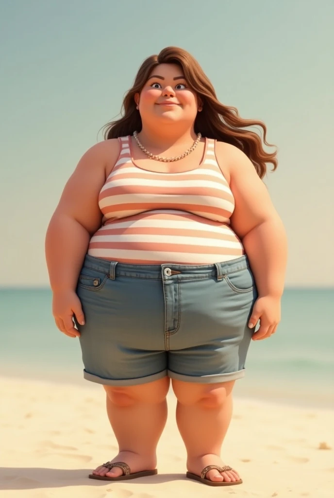 A beautiful tropical oasis beach photo of a young happy cute beautiful redhead pear-bodyshaped ssbbw with long single-braided hair plump belly, very wide fat obese hips, very obese legs, thick fat wide legs and fat arms, cute pretty face, small breasts, blue eyes, freckles, in a bikini, holding a huge Ice Cream, on a beautiful beach full of palm trees at sunset