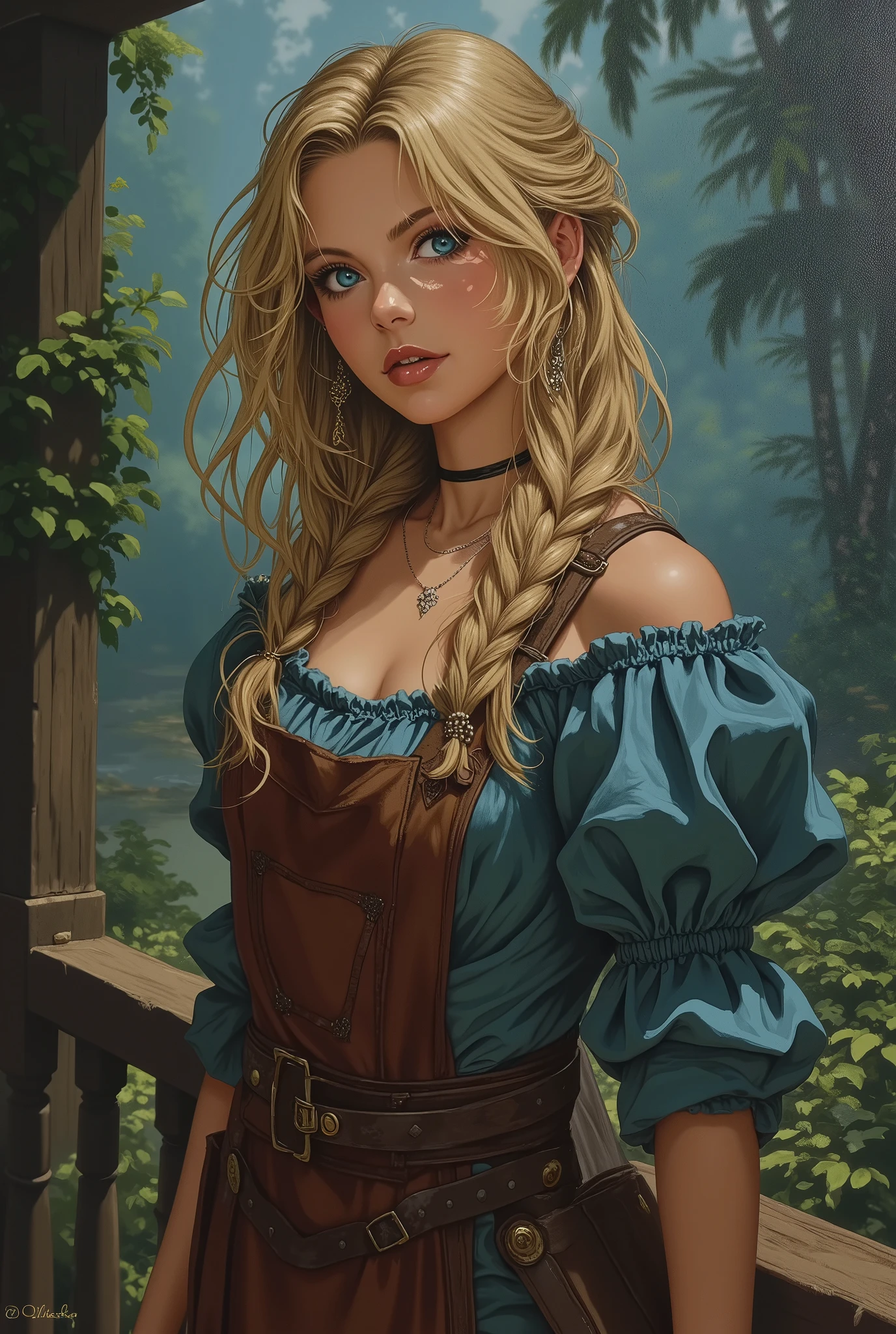 ne0nfant4sy, masterpiece, oil painting of stunningly beautiful A beautiful young woman dressed like a tavern wench, beautiful refined face detail, bright light eyes, flirty smile, cute glint in her blue eyes, wonderful and innocent energy, adventurous spirit, Lucious blonde hair, atmospheric fog, (an old tavern in the forest by a river), by Frank Frazetta, by Luis Royo, by boris vallejo, oil painting, american shot  looking at the viewer, seductive smile, inviting smile, 