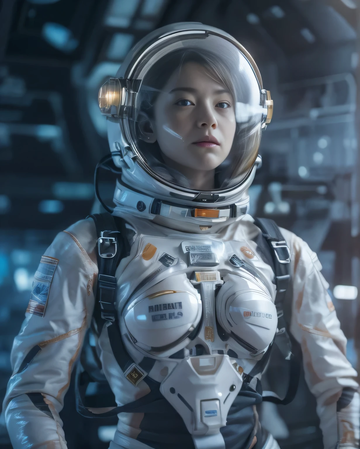 cinematic colorgrading film, dramatic movie scene, photography, RAW, Masterpiece, ultra wide angle, Ultra Fine Photo, medium breast, Best Quality, Ultra High Resolution, Photorealistic, volumetric light, Stunningly Beautiful, half body, Delicate Face, Vibrant Eyes, RAW photo, 1girl, solo, 1girl, spacesuit, space_helmet, future tech, futuristic, hologram augmented realities, (extremely detailed CG unity 8k wallpaper), of the most beautiful artwork in the world, professional photography, trending on ArtStation, trending on CGSociety, Intricate detail, High Detail, Sharp focus, dramatic, photorealistic, cyberpunk, futuristic, slim body, (high detailed skin:1.2), 8k uhd, dslr, soft lighting, high quality, film grain, glossy, (Highest quality:1.3), (sharp focus:1.5), (photorealistic:1.3), (highly detailed skin), (detailed face), (high detailed skin:1.2), (glistening skin:1.2), cyborg arms, (highly detailed skin textures:1.15), (detailed face), (high detailed skin:1.2), (glistening skin:1.15), glossy, wearing spacesuit,space_helmet, (nights:1.2), fog, (sparkles:1.2), film grain, glossy, space stations, white thighhighs, space cabin, floathing
