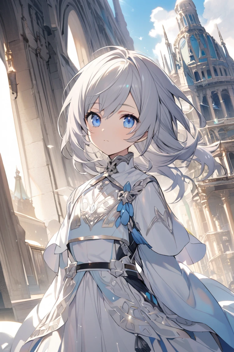 male　 cute　Shota　She has silver hair and blue eyes 　 short　Background、A fantastic building reminiscent of white