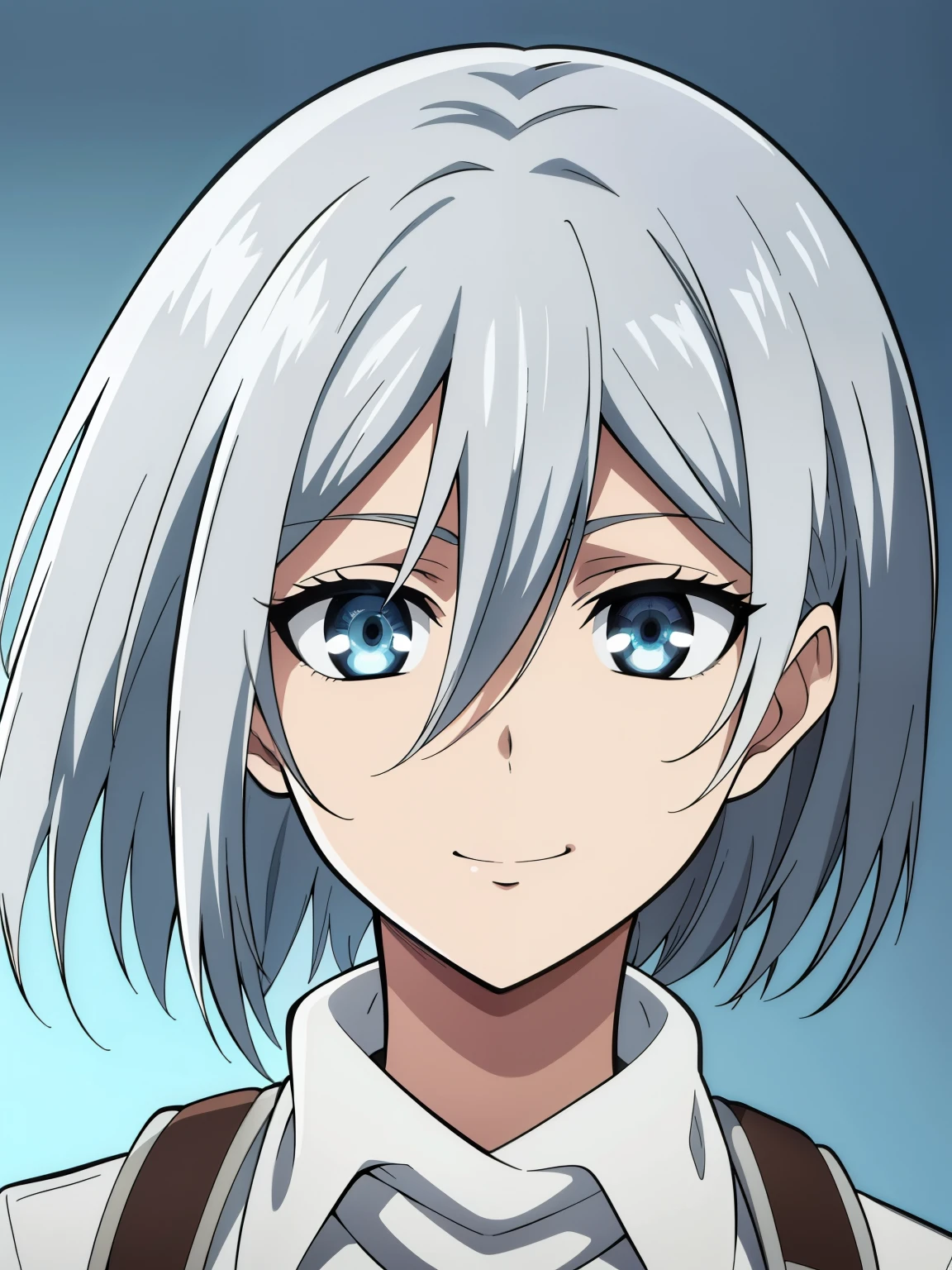 (high-quality, breathtaking),(expressive eyes, perfect face) 1girl, female, solo, portrait, narrow eyes, kind face, neutral expression, cute smile, aot style, portrait, stylized hairstyle, Symmetrical Eyes, silver white hair, blue eyes, teenager, grey background, brown jacket, white shirt, belt, black pants, attack on titan clothing, mappastyles4, three-dimensional maneuver gear, fluffy hair, half closed eyes, looking at viewer, facing viewer, luminedef
