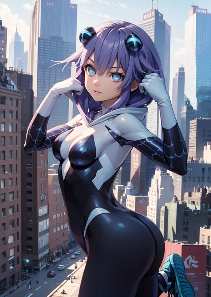 She is on a rooftop with her back ,  a New York cityscape in a very detailed background, Mischievous look image at Backlight ,  anime style, Jumping and hanging from a Spiderman web, She wears a Spiderwoman hoodie on her head