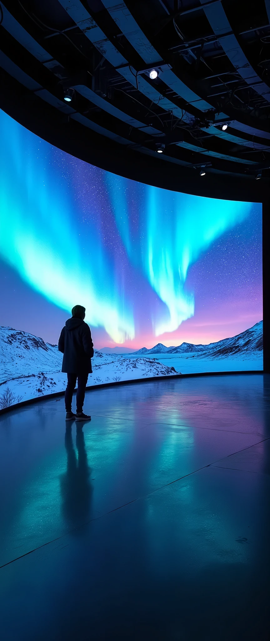 (masterpiece:1.2),(Best Quality),(Super detailed),(  Ultra High Definition),(  photorealistic),(  RAW photos from the last century),16k, wallpaper, A building composed of multiple LED screens ,The auroras are drawn on the LED screen,progressive,  Installation Art