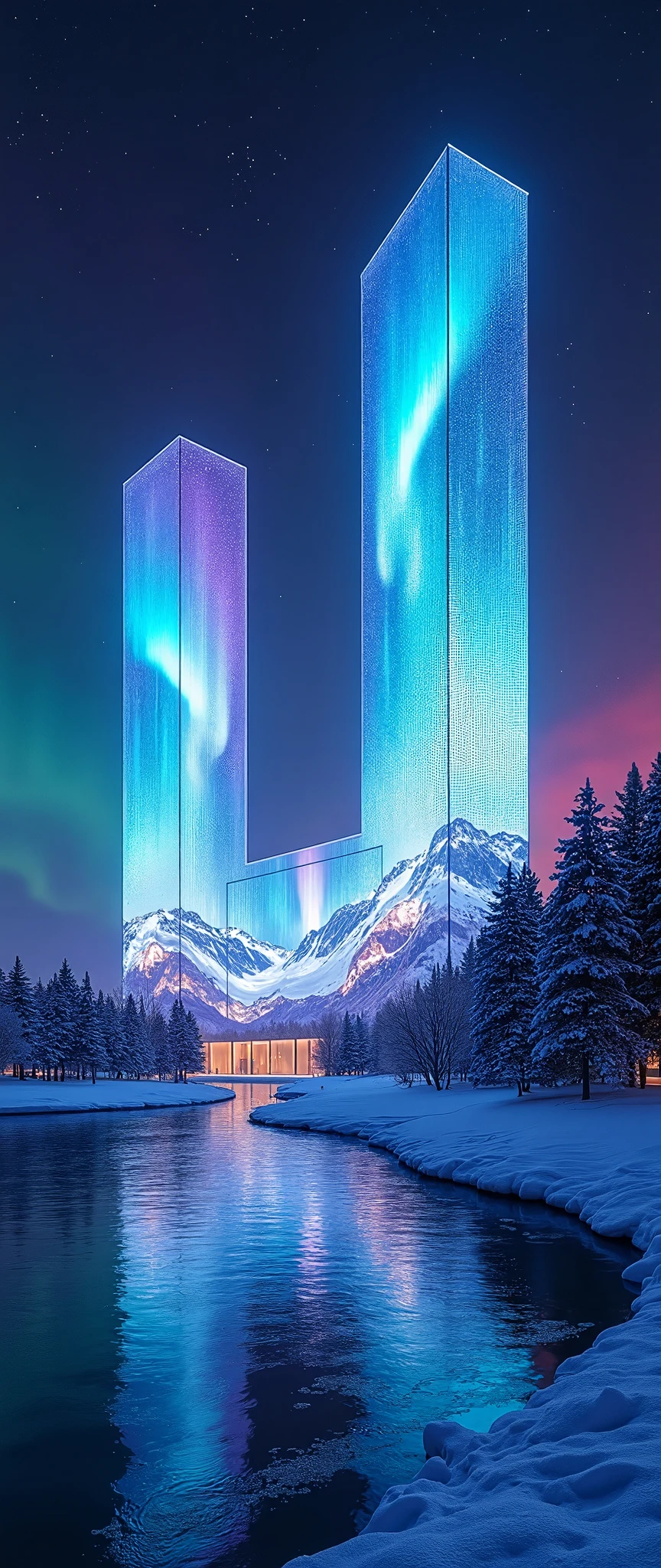 (masterpiece:1.2),(Best Quality),(Super detailed),(  Ultra High Definition),(  photorealistic),(  RAW photos from the last century),16k, wallpaper, A building composed of multiple LED screens ,The auroras are drawn on the LED screen,progressive,  Installation Art