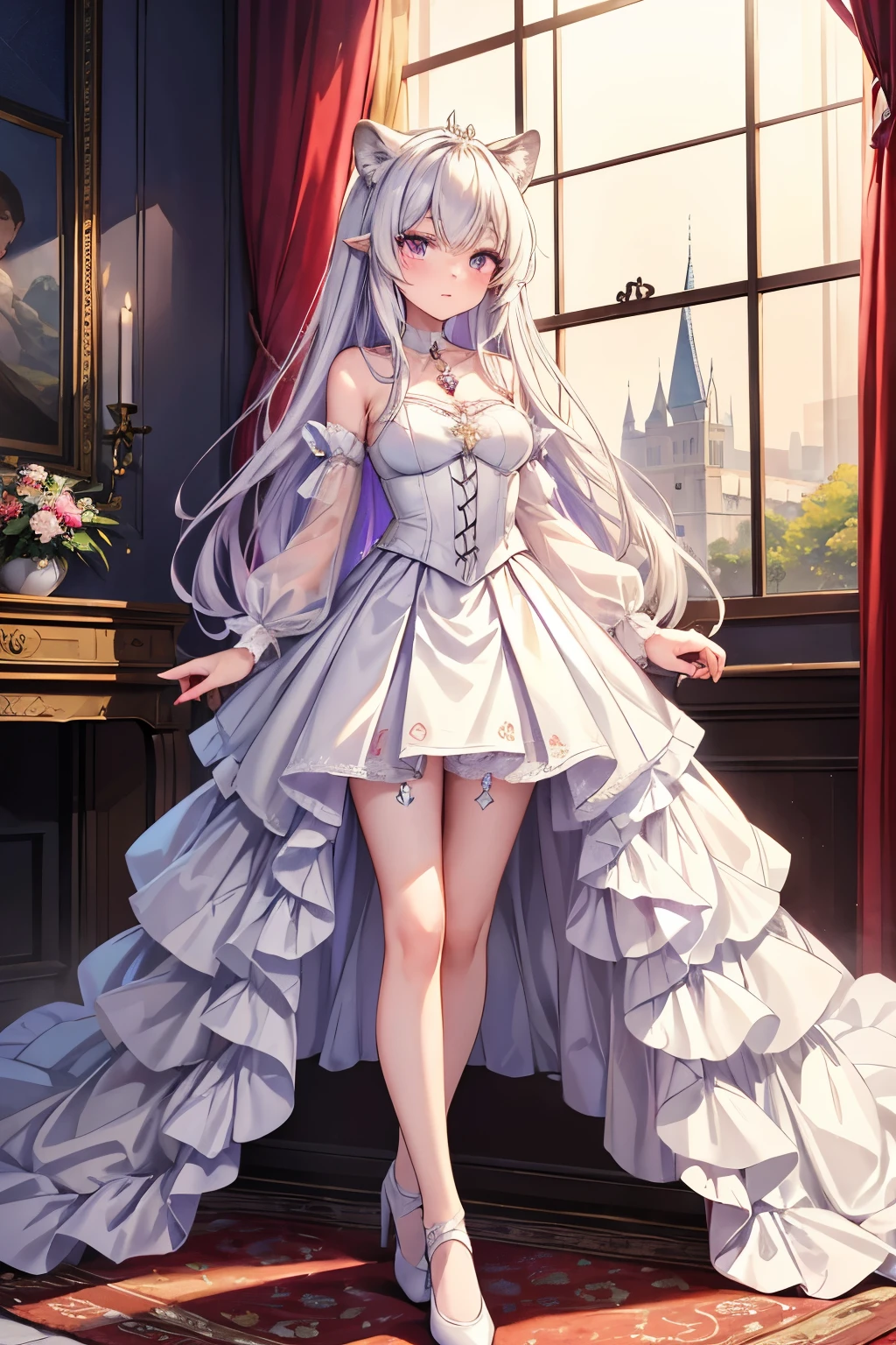masterpiece, highlydetailed, (bestquality), 1girl,bishoujo,stare,red eyes,beautiful detailed eyes,long hair,hair straight,white hair,silver_hair,Wing-like bangs,Dull hair,ahoge,Hair rings,braid, cold,Sharp eyes,bridal gown, glowing bride, white wedding dress, long veil, delicate lace, intricate beading, (roses:0.5), (pearl jewelry), elegant updo, (tall heels), soft lighting, romantic atmosphere,Full Length Shot(FLS),
