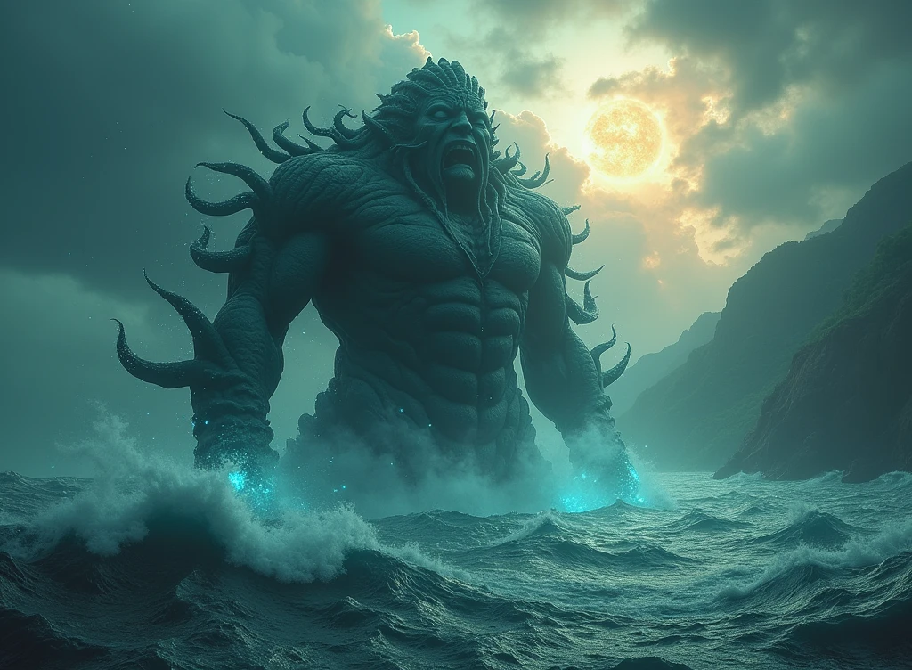 Create a photo-realistic image of Atum, the primordial deity from Egyptian mythology, emerging from the primordial waters. Depict him as a solitary figure on a primordial mound. Include a highly detailed background and vibrant gradient colors. Use best quality, masterpiece, realistic, detailed, and absurdres settings.