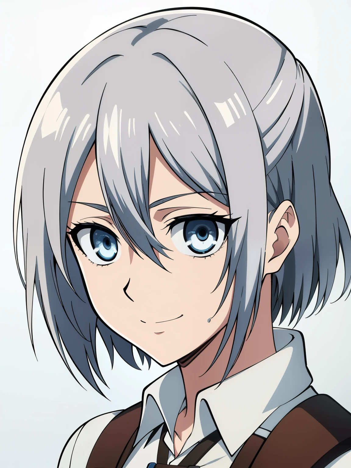 (high-quality, breathtaking),(expressive eyes, perfect face) 1girl, female, solo, portrait, narrow eyes, kind face, neutral expression, cute smile, aot style, portrait, stylized hairstyle, Symmetrical Eyes, silver white hair, blue eyes, teenager, grey background, brown jacket, white shirt, belt, black pants, attack on titan clothing, mappastyles4, three-dimensional maneuver gear, fluffy hair, half closed eyes, looking at viewer, facing viewer, LifeStrangeChloe
