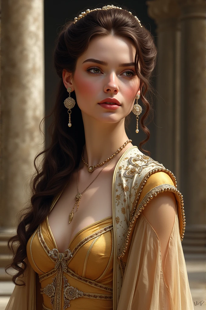 Realistic photo of a beautiful mature woman, (Catherine Zeta Jones:Florence Pugh:0.5), (skin texture:1.1), (detailed eyes), (brown hair), (braided hair), (detailed face), (skin pores), (legs), (broad shoulders), (strong perfect body), (medium breasts), pale skin, ((high detail plunging partially transparent colourful royal dress)), throne room background, facing the camera, (masterpiece), (photorealistic:1.4), RAW photo, best quality, high res, rich colors, backlight, bright sunlight, cinematic lighting, film grain, raw photo, 50mm lens, Nikon D850, cool colors, golden ratio