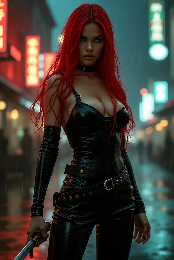 Black widow in a tight suit with a very low neckline