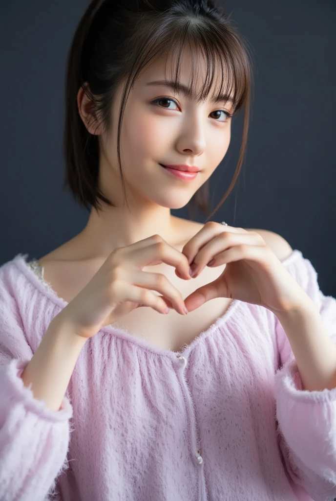 Only one woman with a cute smile wears cute, fluffy off-shoulder pajamas, makes a big heart shape with both hands, and poses them in front of her chest, View above collarbone、The background is a monotone 

