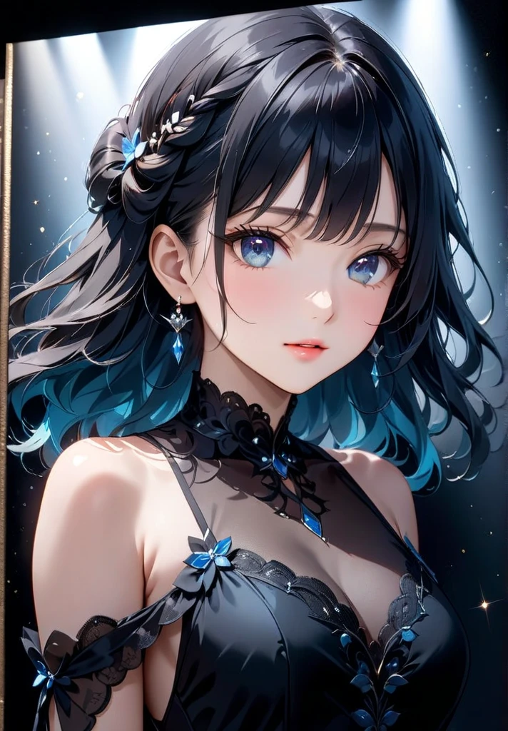  a girl with beautiful long curly blue hair ,  facial details , Deep blue eyes,  a small nose and delicate pink lips, Wearing a black satin dress ,  against a dark background , ( best quality,4K,8K, High Res,masterpiece:1.2), super detailed,( actual ,photo actual ,photo- actual :1.37), movie lights from the waist, Glitter Eye Liner , Dramatic Shadows ,Highly detailed portrait,Elegant,Serene expression, Light and Dark Contrast