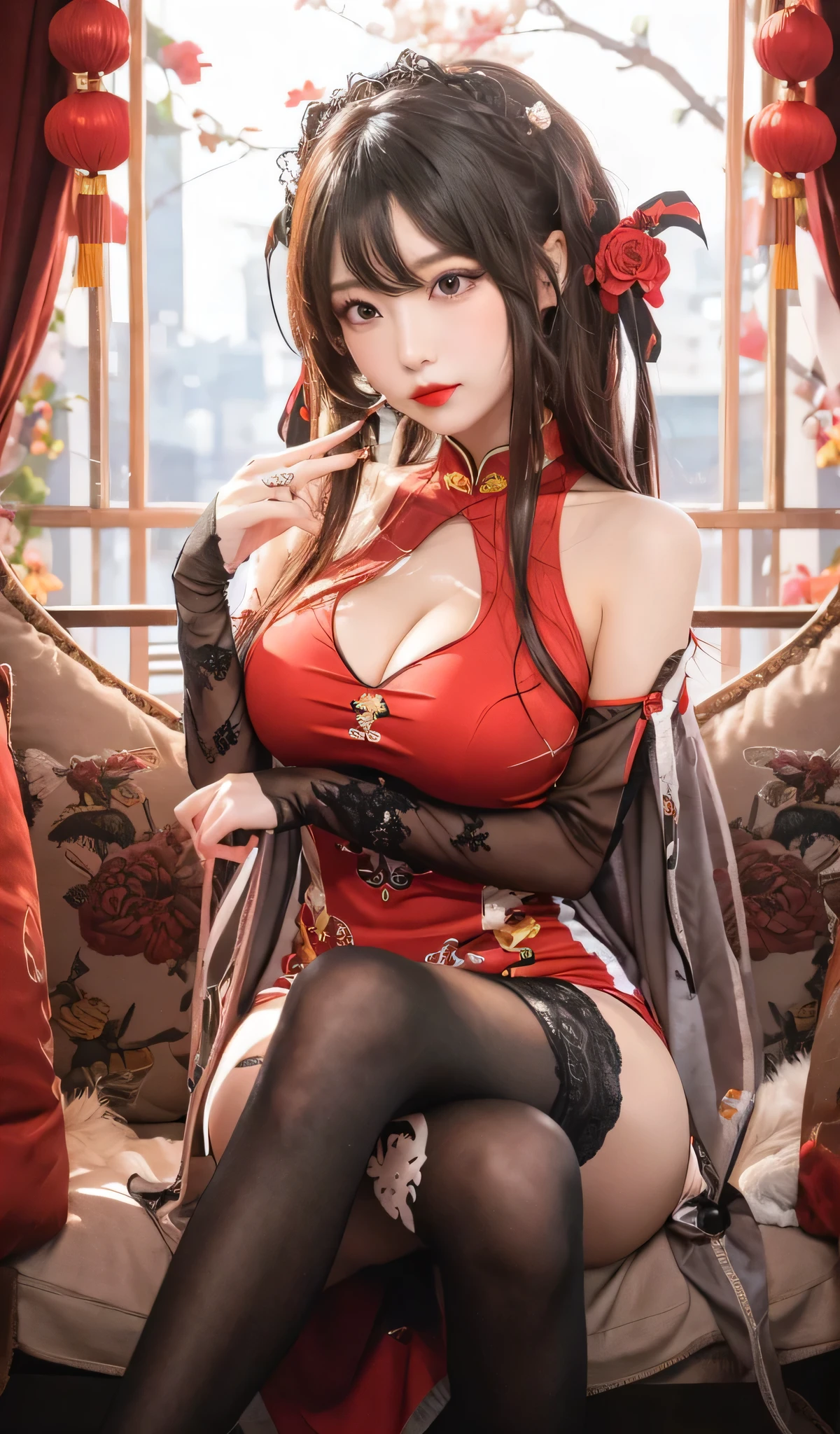 Beautiful Japanese waifu, early 30s, brunette hair, red qipao, black stockings