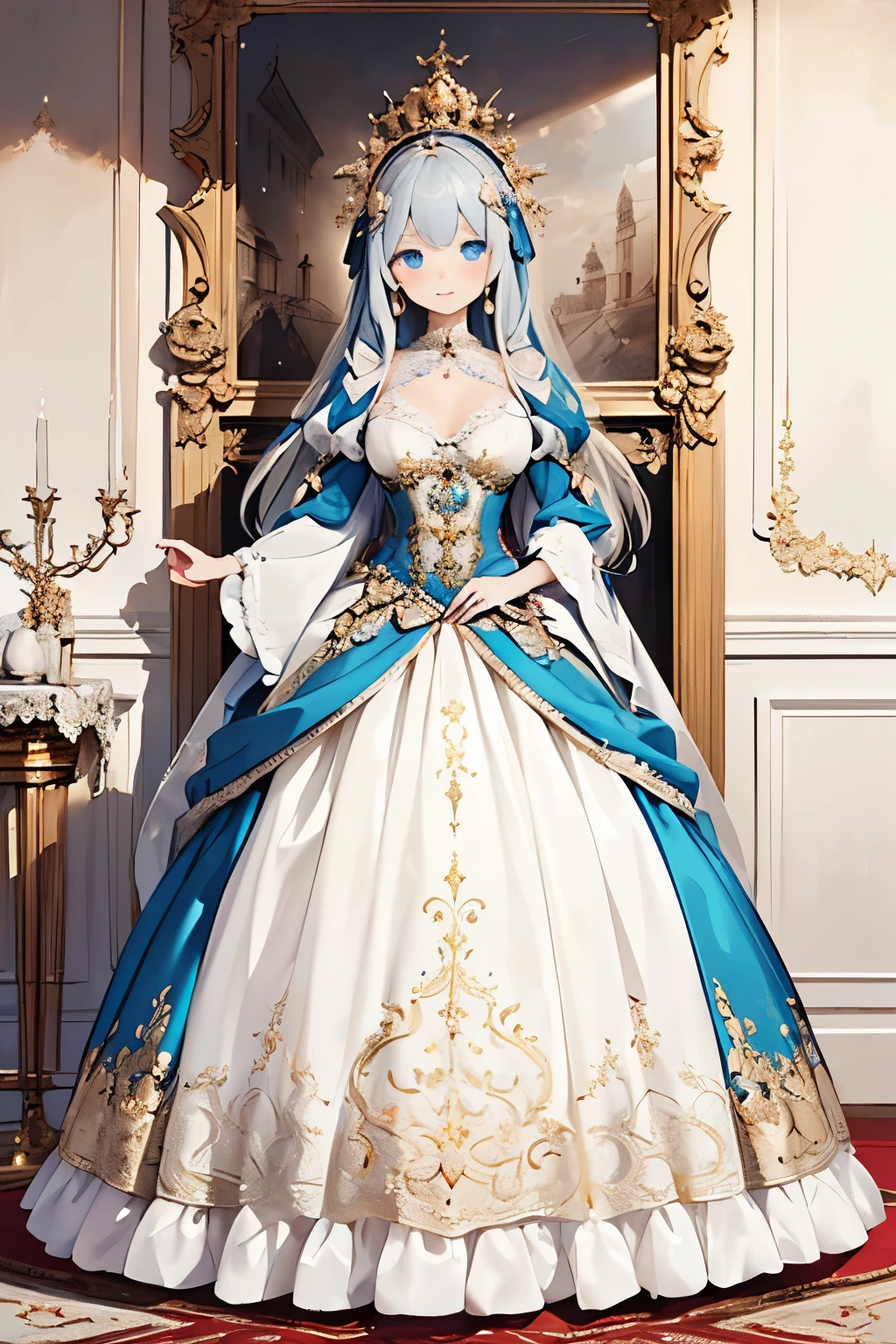 (( anime art style)),(masterpiece),(Best Quality), (Super detailed),((  very delicate and beautiful  )), 1 girl,(( full body portrait )), Standing at the Palace of Versailles ,((Alone)), digital art ,(((1 princess in  Gorgeous Princess Rococo Ball Gown with Voluminous Full Length Hoop Skirt ))),crinoline,((BEAUTIFUL EMBROIDERY AND Gems )), voluminous frills , transparent,(GORGEOUS EMBROIDERY AND BEAUTIFUL LACE ),(( straight hair massive ,  very voluminous hair ,Very 長さ Straight Hair)),((Detailedly drawn face and eyes)),Clear pupils,  Extremely Gorgeous Full Hair Ornament  ,( Extremely Beautiful Full Tiara Embellished with Gemstones ),(Bling Bling Gems Jewelry ),Long veil,( Beautiful background ),full body,(( Gorgeous Princess Rococo Ball Gown with Voluminous Full Length Hoop Skirt ))