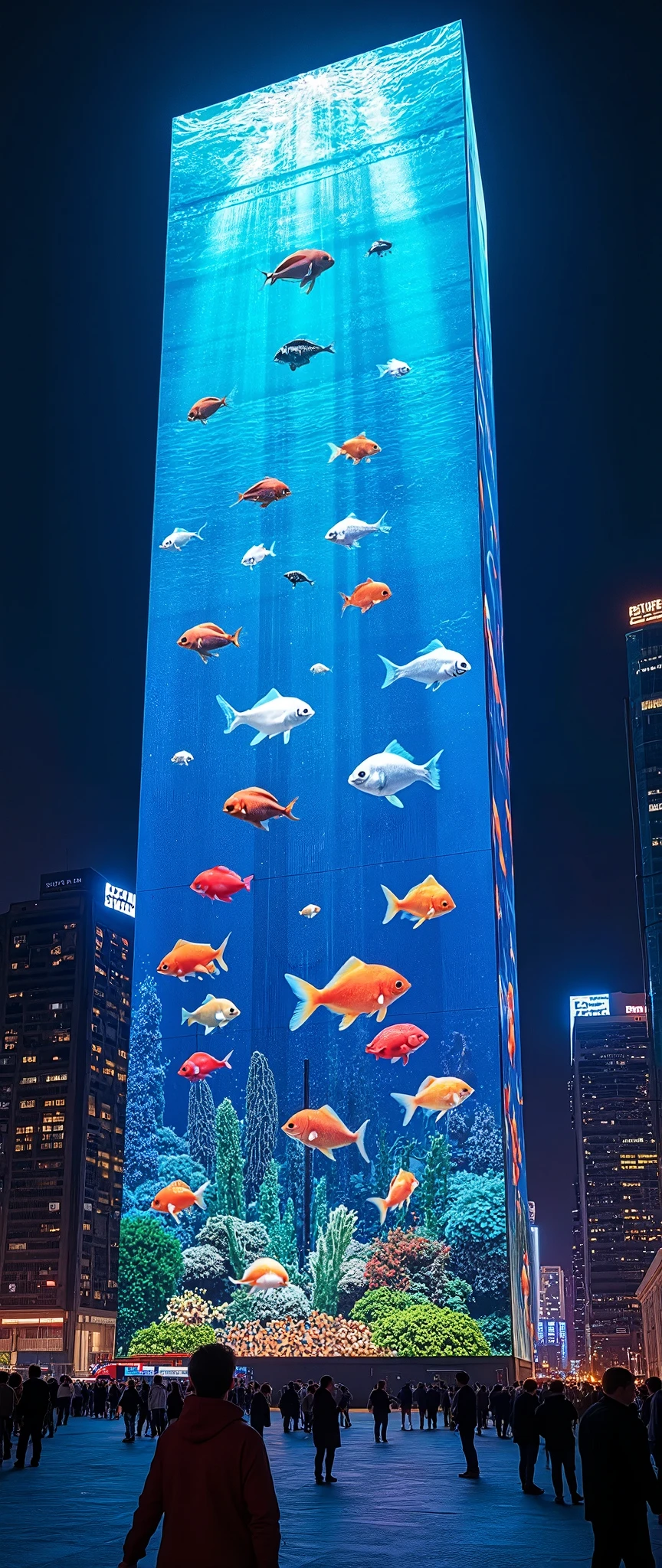 (masterpiece:1.2),(Best Quality),(Super detailed),(  Ultra High Definition),(  photorealistic),(  RAW photos from the last century),16k, wallpaper, Skyscrapers made up of multiple LED screens , Aquarium fish are depicted on the LED screens of all buildings,progressive,  Installation Art