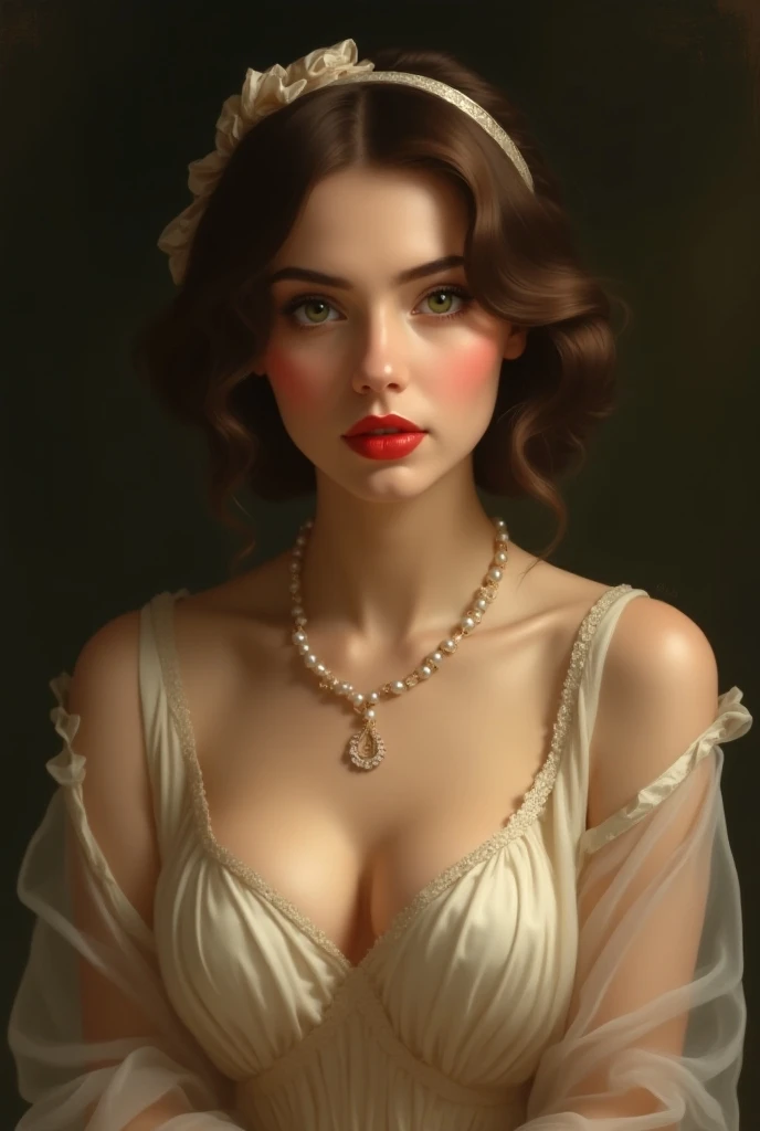 Taki, leaning against a bar , (heavy eyeshadow, red lips), slender, White open shirt, black lace choker, fantasy art, concept art, delicate features, feminine, copper colored hair in a loose bun, seductive, Chiaroscuro lighting, (style of howard chandler christy:1.0), (charcoal sketch by jean-joseph benjamin-constant:1.3)