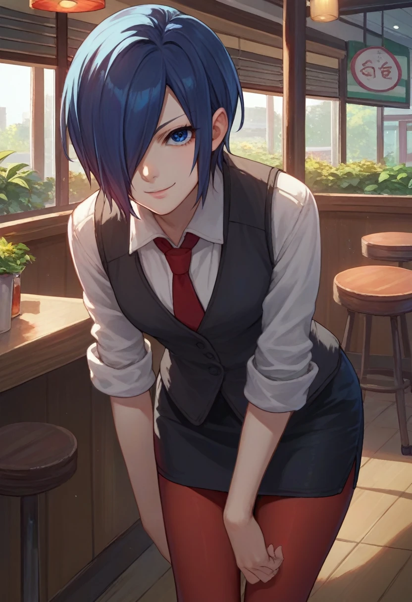 score_9, score_8_up, score_7_up, source_anime, solo, 1girl, kirishima touka, seductive smile, looking at viewer, leaning forward, blue hair, hair over one eye, blue eyes, white shirt, necktie, sleeves rolled up, black vest, pencil skirt, red pantyhose, indoors, cafe 