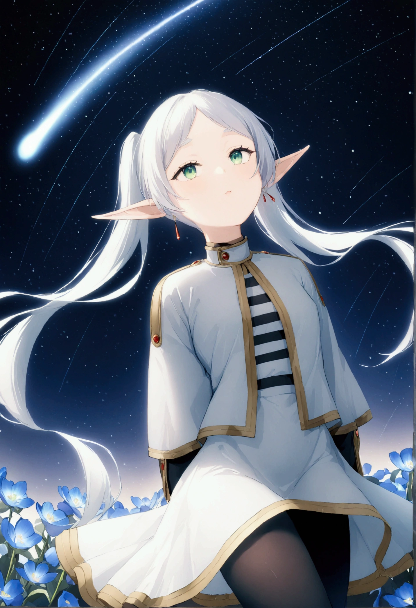  High image quality 、masterpiece、   high quality、Full HD、4K、 standing、 one girl sitting on the ground 、Side view、 Funeral Freelen、 Silver Hair、 twin tails、Green Eyes、Elf Ears、 White Dress 、 striped inner、skirt with gold hem 、Black tights、 flat chest、Blushing cheeks 、 looking up at the sky 、Look Up、Put your hands above your head、smile、Blue Flower Field、 standing in a field of flowers、The blue petals are flying、Night Sky、 shooting stars、Meteor Shower