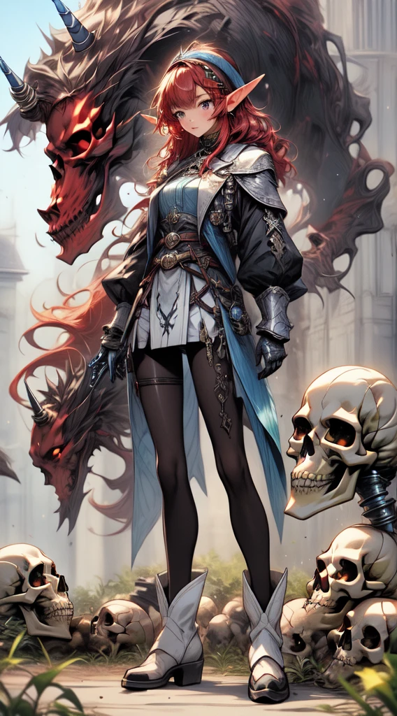 (((masterpiece, best quality))),  (elf), (1girl), solo,  Bangs,  red tinted hair，((Kirin X cyberskull armor))，long black glovelack pantyhoses，Handsome standing with white boots, art style by Artgerm, by Kawacy, By Yusuke Murata