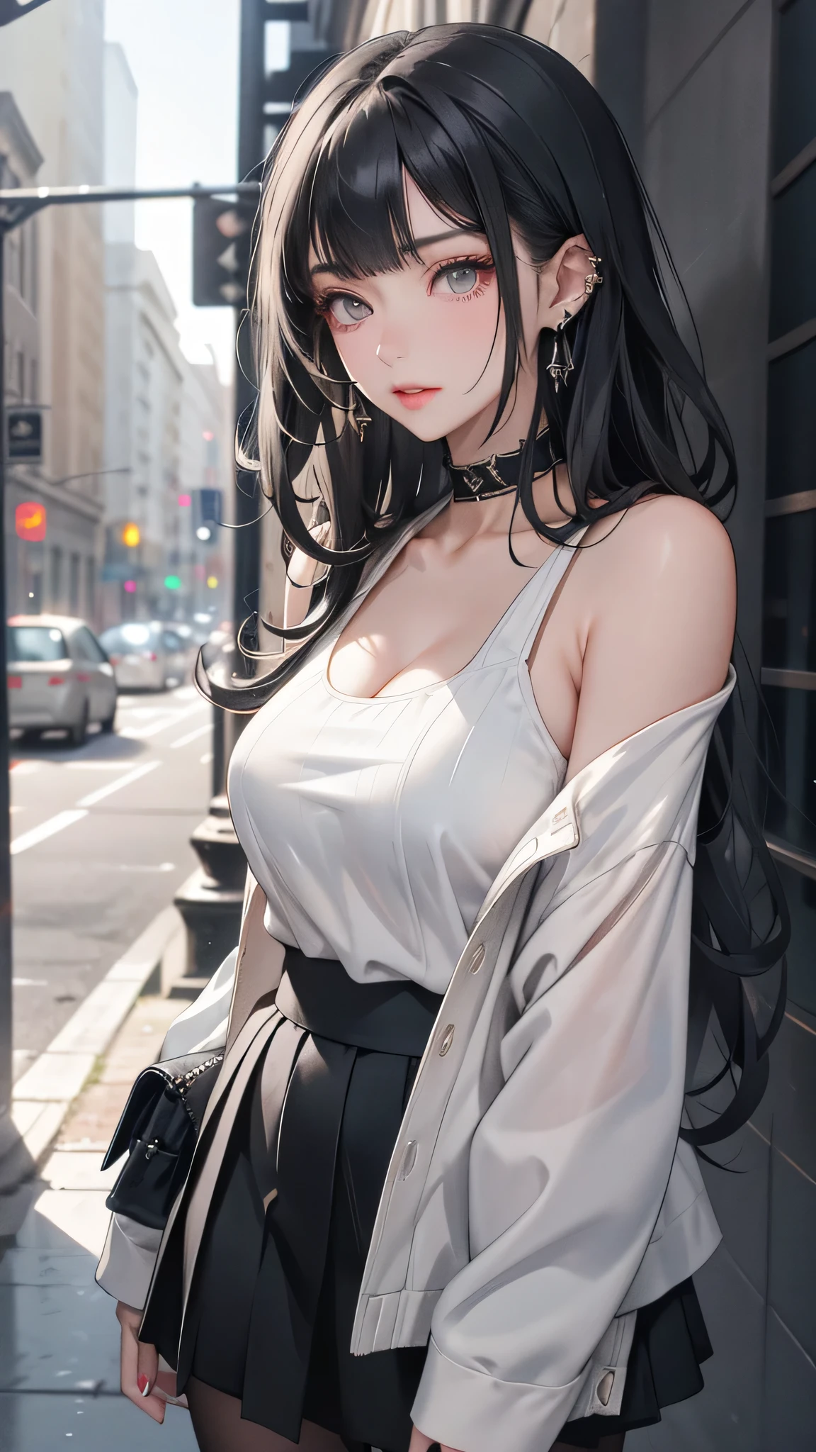 masterpiece, Highest quality, Pixiv, Cool girl, there are a lot of earrings, Earrings, Dark brown hair, Curly Hair, Blunt bangs, Straight bangs, Grey Eyes, Pale skin, Gal,Take off your clothes. Almost completely naked.