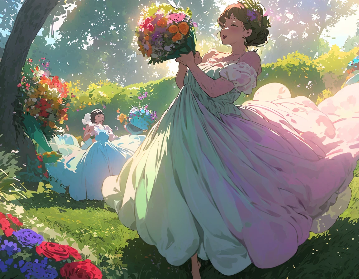 garden, Bouquet toss, In a dress, Jump in and catch bouquets, Ghibli-like colours, textured skin, anatomically correct, masterpiece, UHD