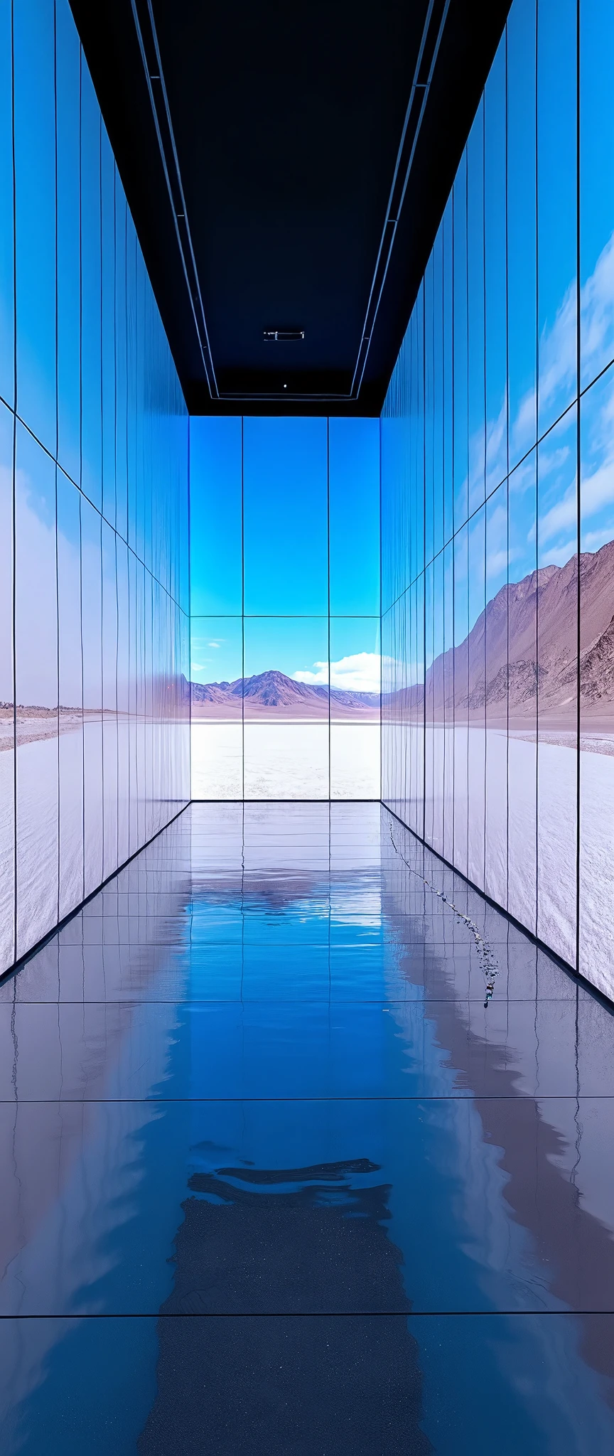 (masterpiece:1.2),(Best Quality),(Super detailed),(  Ultra High Definition),(  photorealistic),(  RAW photos from the last century),16k, wallpaper,  a room with walls composed of multiple LED screens,Uyuni salt lake is depicted on an LED screen,A room with a fully mirrored floor ,progressive,  Installation Art