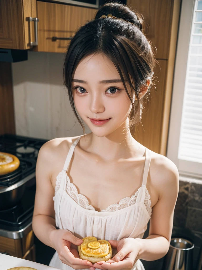 adorable, 1 girl, (face to face), 10 years old, baby face, happy, medium portrait, (face details: 1), (eye details:1), ((naked big breasts)). wearing transparent transparency mini apron, .. Cute posed. proportional body. Ultra High Res. realistic: 1.4, UHD, poke a bun Hairstyle , lace