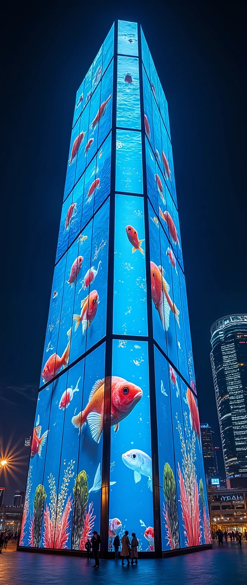 (masterpiece:1.2),(Best Quality),(Super detailed),(  Ultra High Definition),(  photorealistic),(  RAW photos from the last century),16k, wallpaper, Close up of a skyscraper composed of multiple LED screens,A close-up of a skyscraper composed of multiple LED screens with aquarium fish depicted on every LED screen ,progressive,  Installation Art