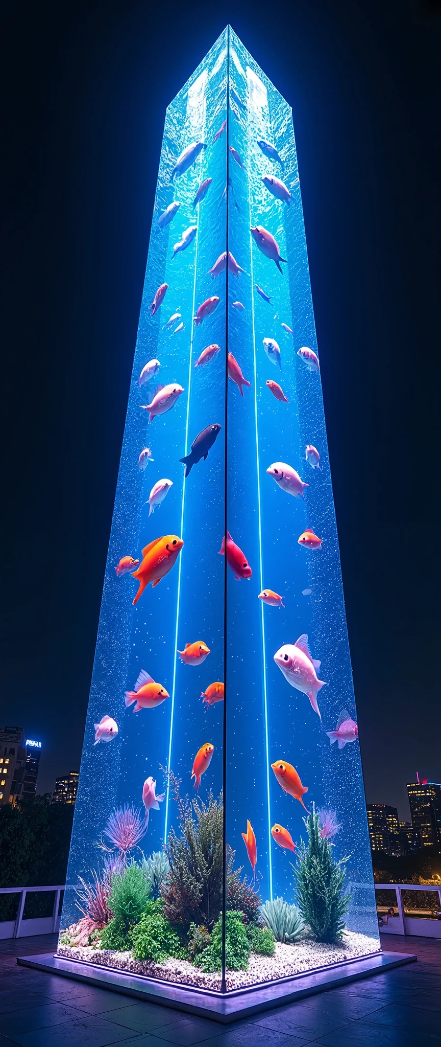 (masterpiece:1.2),(Best Quality),(Super detailed),(  Ultra High Definition),(  photorealistic),(  RAW photos from the last century),16k, wallpaper, Close up of a skyscraper composed of multiple LED screens,A close-up of a skyscraper composed of multiple LED screens with aquarium fish depicted on every LED screen ,progressive,  Installation Art