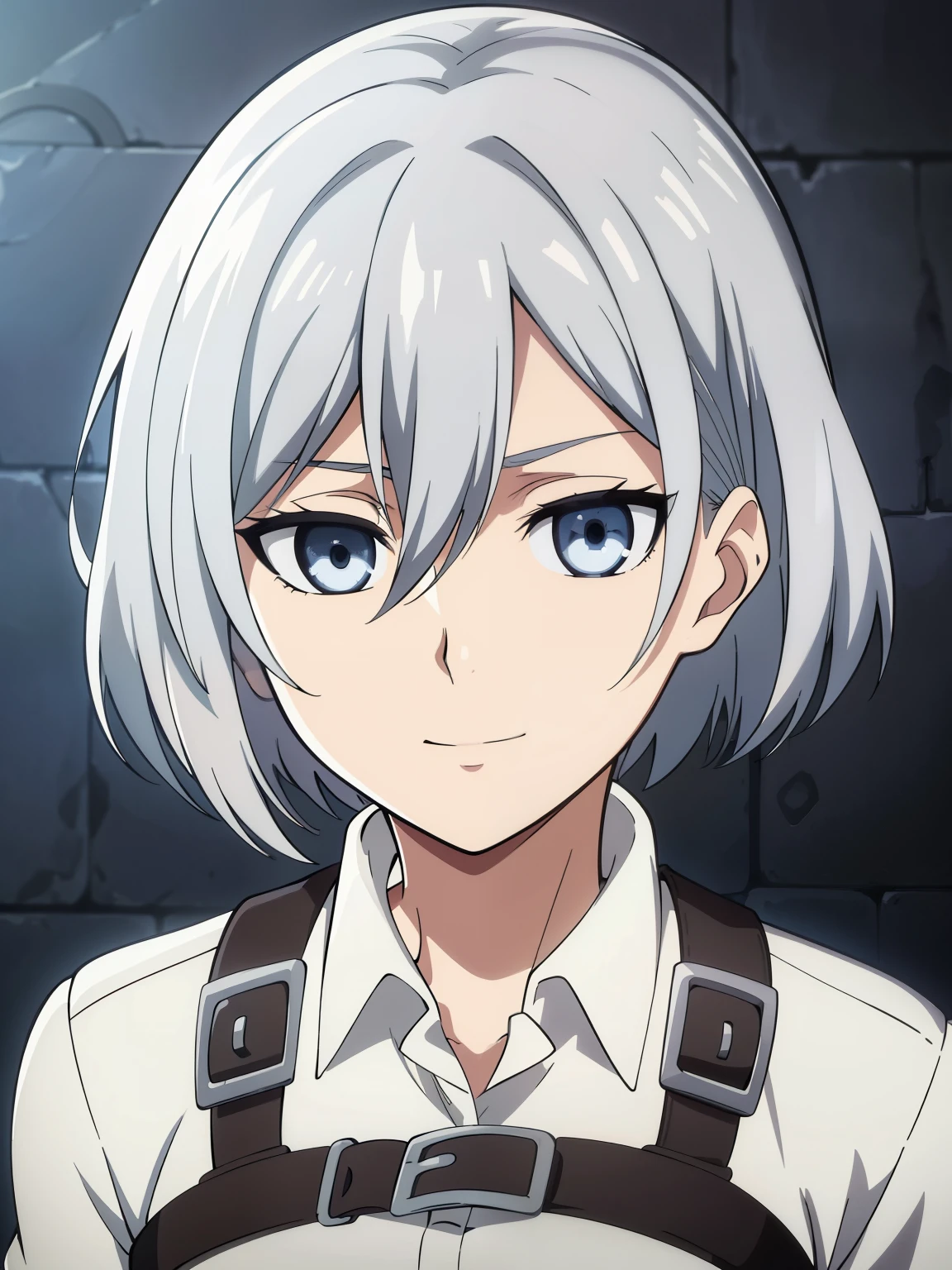 (high-quality, breathtaking),(expressive eyes, perfect face) 1girl, female, solo, portrait, narrow eyes, kind face, neutral expression, cute smile, aot style, portrait, stylized hairstyle, Symmetrical Eyes, silver white hair, blue eyes, teenager, grey background, brown jacket, white shirt, belt, black pants, attack on titan clothing, mappastyles4, three-dimensional maneuver gear, fluffy hair, half closed eyes, looking at viewer, facing viewer, LifeStrangeChloe
