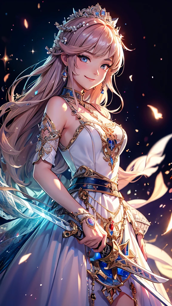  best quality， official art ，8K wallpaper， Extremely detailed，Illustration，A Princess with a Beautiful Sword 。 Luxurious Dress Studded with Jewels、 An Intricately Designed Sword 。 Beautiful Artistic Art 。 Fantasy 、fighting princess 、smile