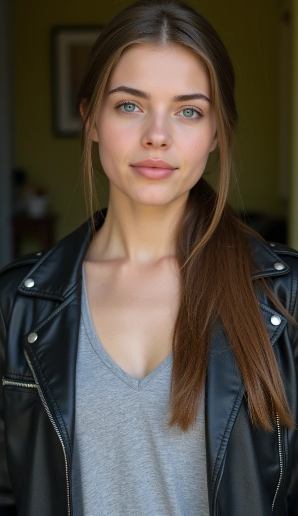 23 year old Female scavenger with waist-length, wavy copper red hair with black dyed tips;
Mysterious Chestnut brown eyes but are always a mysterious flow of blues, greens and gold;
round soft facial features with distinct jawline, dash of freckles on nose and cheeks, plush lips; Natural tan skin with golden brown undertones;
ordinary build, not broad nor skinny, short legs;
Scar claw marks (4 lines) on left shoulder blade, wears thin strapped white shirt, black jacket, black leather pants, knee high boots, scavenging mines backdrop