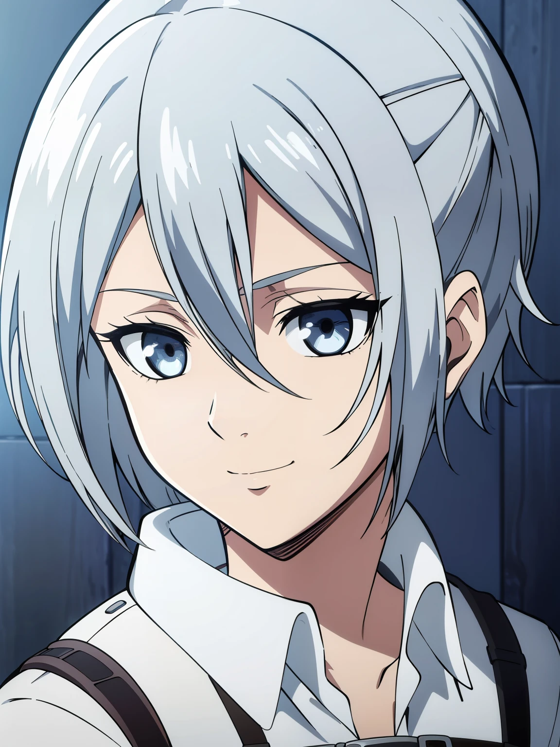 (high-quality, breathtaking),(expressive eyes, perfect face) 1girl, female, solo, portrait, narrow eyes, kind face, neutral expression, cute smile, aot style, portrait, stylized hairstyle, Symmetrical Eyes, silver white hair, blue eyes, teenager, grey background, brown jacket, white shirt, belt, black pants, attack on titan clothing, mappastyles4, three-dimensional maneuver gear, fluffy hair, half closed eyes, looking at viewer, facing viewer, LifeStrangeChloe
