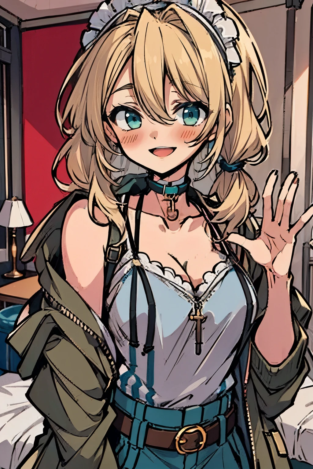 (masterpiece:1.2), (high quality:1.2), rekkyo sensen, rekkyou sensen, girls with(((1girl, solo, aiden d adams, blonde hair, teal eyes, smiling, blush, opened mouth, maid headdress, wavy medium hair, low twintail:1.3), maid, breasts, choker, cleavage, coat, cowboy shot, blue frilled dress, camisole, ribbon waist belt, collar, collarbone, rosary, rosary choker, cross, fur, khaki hoodie, green hoodie, hood down, hooded coat, hooded jacket, hoodie, jacket, large breasts, long hair, long sleeves, medium breasts, open clothes, open coat,open hoodie, sleeveless, winter clothes, zipper, cleavage, upper body, hand up, waving, palm)), background with((bedroom, room:2.0))