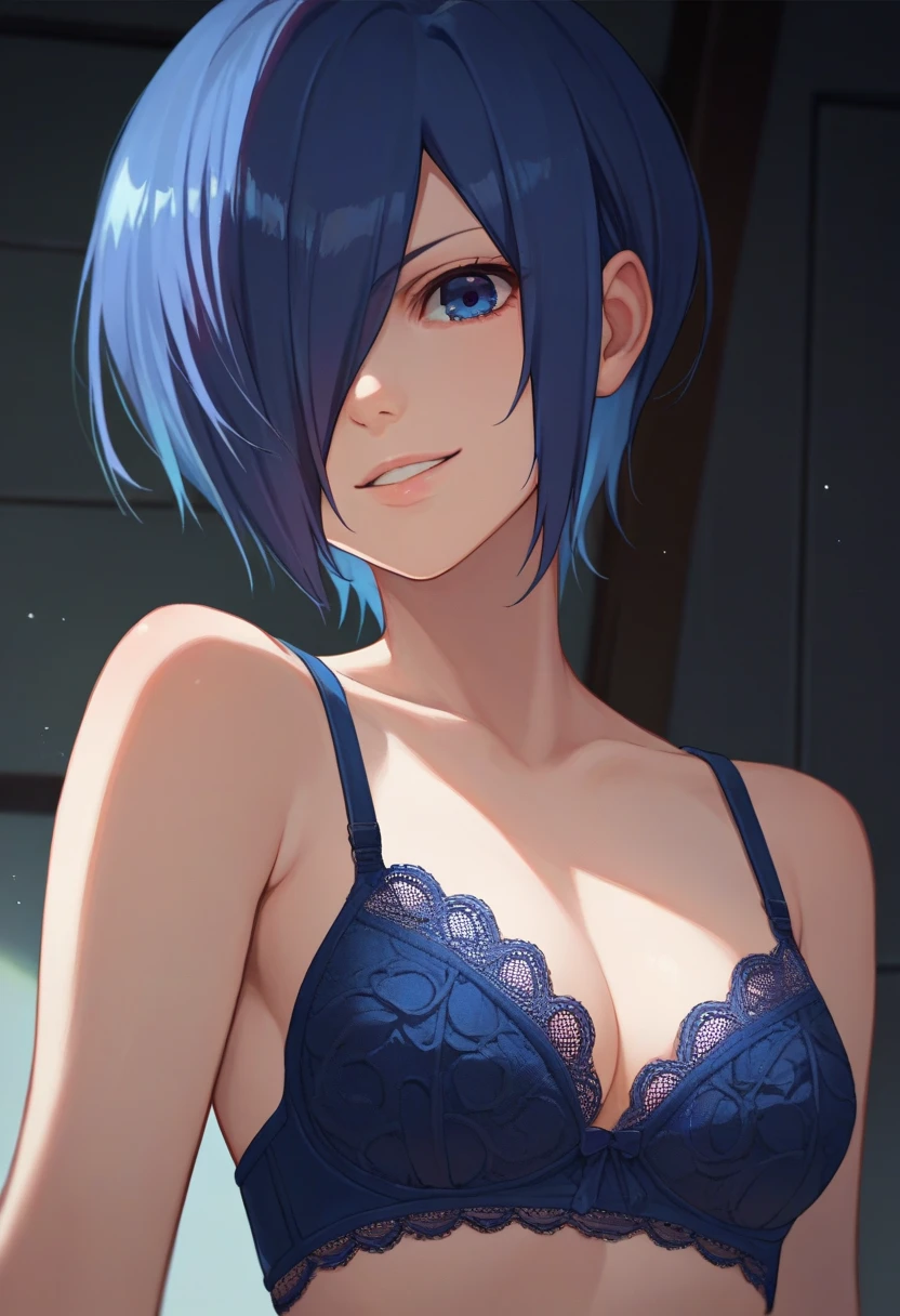 score_9, score_8_up, score_7_up, source_anime, solo, 1girl, kirishima touka, seductive smile, looking at viewer, blue hair, hair over one eye, blue eyes, blue lace bra, upper body