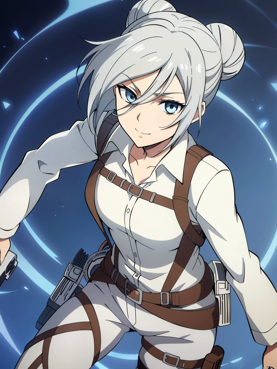 (high-quality, breathtaking),(expressive eyes, perfect face) 1girl, female, solo, portrait, narrow eyes, kind face, neutral expression, cute smile, aot style, portrait, stylized hairstyle, Symmetrical Eyes, silver white hair, blue eyes, teenager, grey background, brown jacket, white shirt, belt, black pants, attack on titan clothing, mappastyles4, three-dimensional maneuver gear, fluffy hair, half closed eyes, looking at viewer, facing viewer, LifeStrangeChloe, tied back bun
