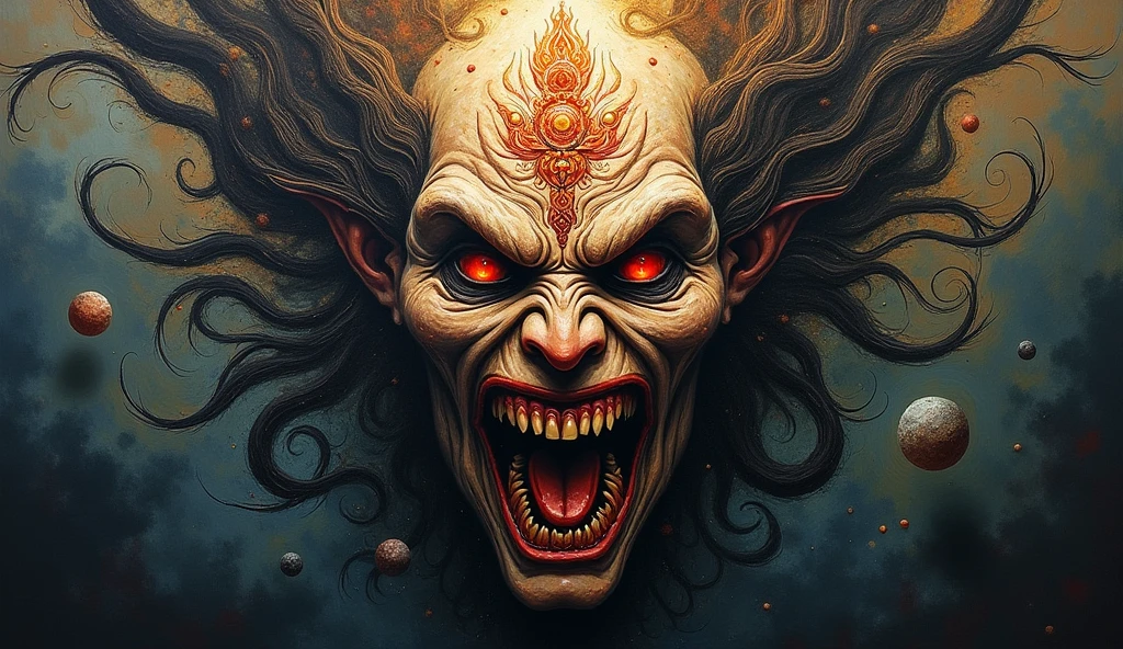 Create a realistic painting,The theme is Balinese mythology,The characters are Rangda is the embodiment of evil darkness and terrifying power