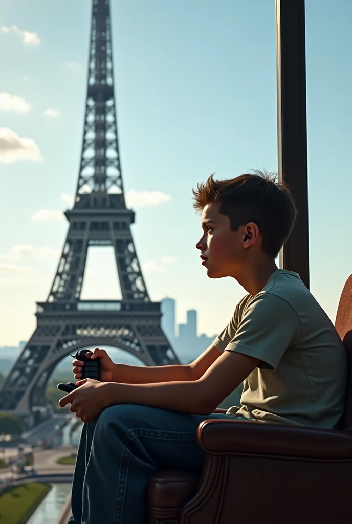 Boy playing PlayStation next to the Eifel Tower