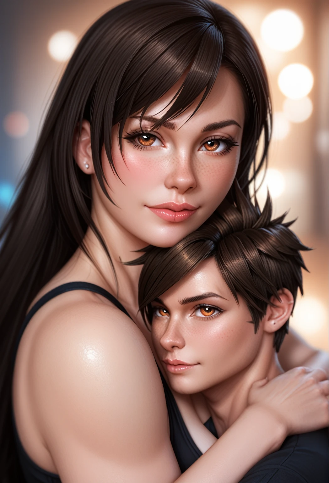 A 35mm photorealistic bokeh shot of Tifa cuddling Tracer, intricate facial details