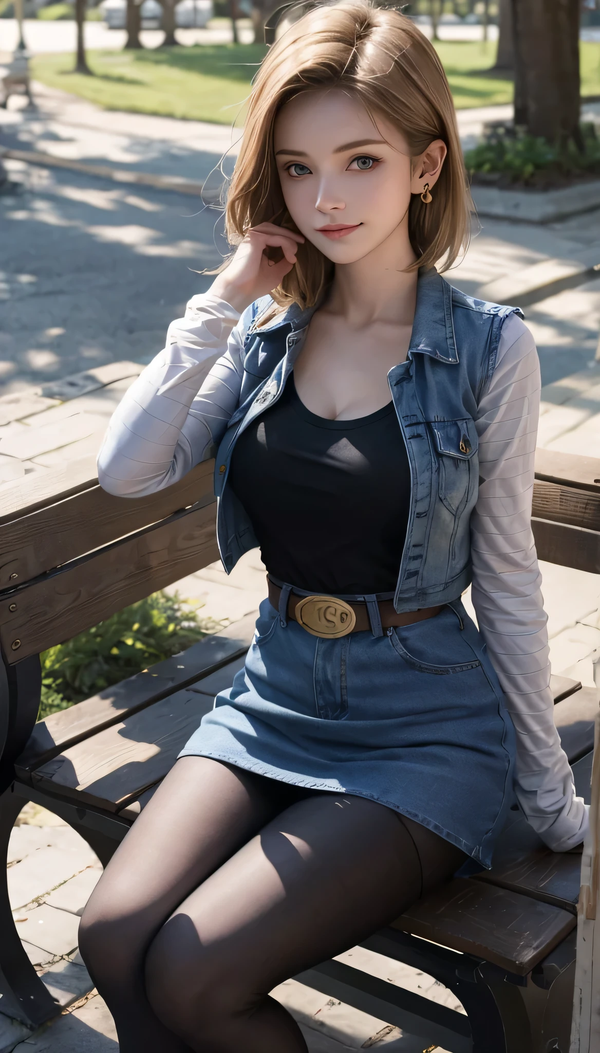 Android 18, Light Blonde hair, Medium Bob hair, Blue eyes, Wearing earrings, Long sleeves, Light blue denim mini skirt, Light blue mini denim vest, Black T-shirt with high cleavage, Big breasts, Belt, Dark brown see-through pantyhose, Western short boots, Looking at viewer, Slight smiling with closed lips sitting, On bench, She raised her right leg and gently placed the heel of her right boot on another very low bench in front of her, Blue sky, sit on a bench, outside, park, grass, Summer, trees, blue sky, high quality, masterpiece,