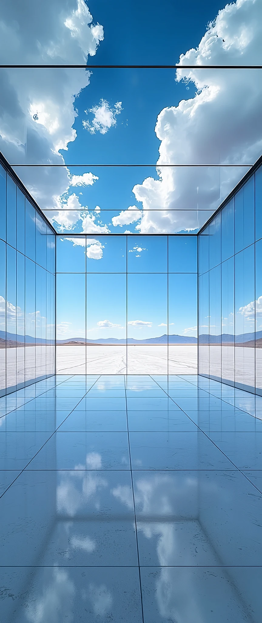 (masterpiece:1.2),(Best Quality),(Super detailed),(  Ultra High Definition),(  photorealistic),(  RAW photos from the last century),16k, wallpaper,  a room with walls composed of multiple LED screens,Uyuni salt lake is depicted on an LED screen,A room with a fully mirrored floor ,Simulate Uyuni salt lake in a room,Ceiling room composed of multiple LED screens , A clear sky is depicted on the LED screen on the ceiling,progressive,  Installation Art