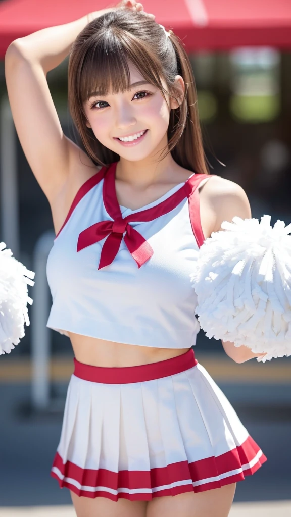 (RAW shooting:1.2)、(photorealistic:1.4)、(masterpiece:1.3)、(highest quality:1.4)、Beautiful white and shining skin、Chestnut hair that changes depending on the light、Long bangs between the eyes that obstruct the view、Cheek gloss highlights、Sexy and very beautiful nice gorgeous face、the most beautiful face in the world、Big and bright eyes、Beautiful and beautiful woman、small face beauty、golden ratio、7 head and body、Beautiful eyes in every detail、eyelash、beautiful double eyelids、eye shadow、perfect eye makeup、solo、(natural smile:1.2)、Expression of excitement、(short bob:1.2)、fluffy hair、(angle from below:1.3)、(full body shot)、more skin、(Medium chest:1.3)、beautiful breasts、(cleavage)、(cheerleader:1.5)、(mini skirt)、beautiful and thin legs、(beautiful woman with perfect body:1.3)、shiny skin、(Lively poses like cheerleading:1.5)、(Holding a large pom-pom in each hand:1.3)、jumping、look at the camera、stadium、night time、sexy navel、skinny legs、thin eyebrows、(very sexy:1.3)、Bokeh、