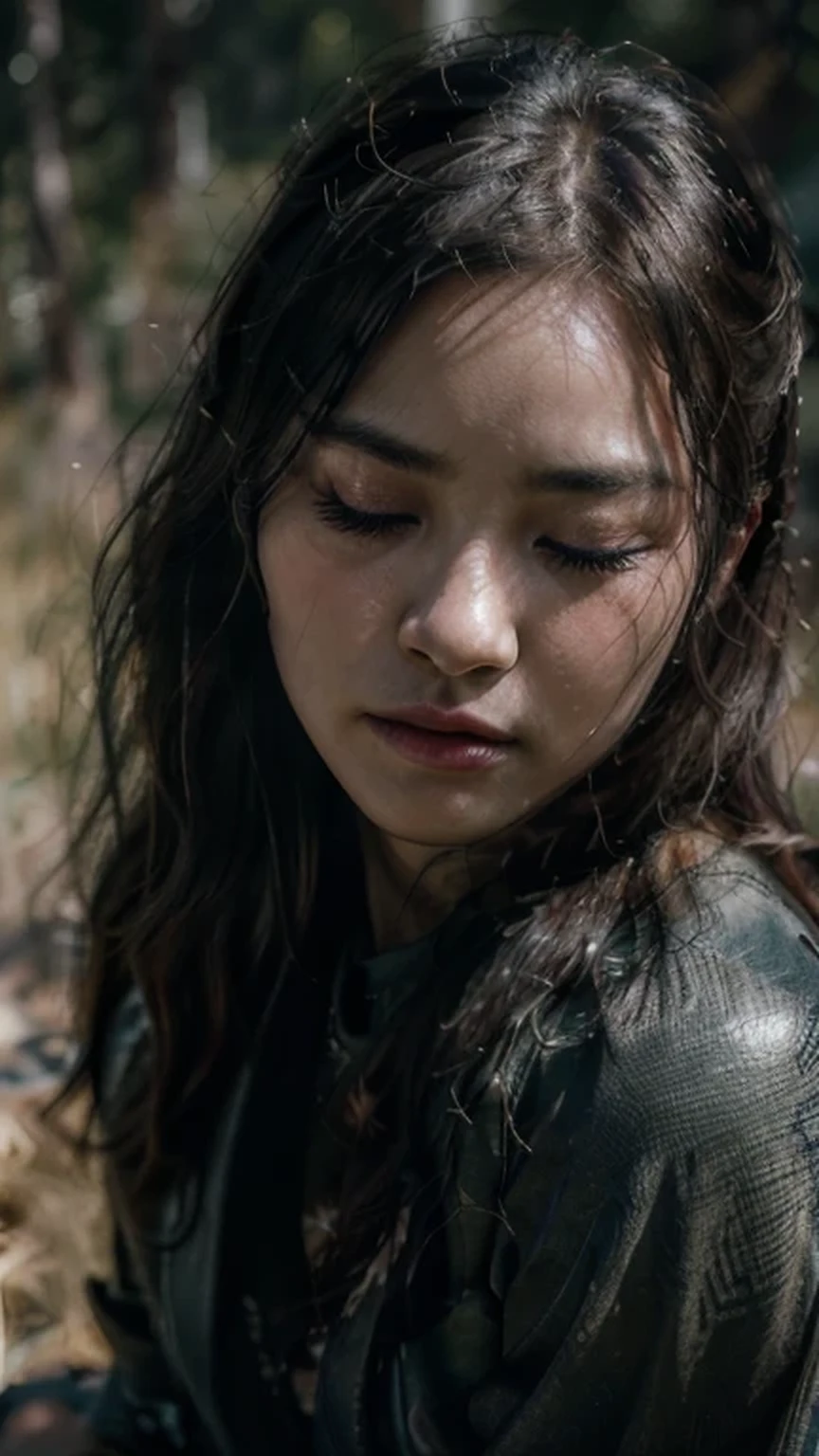 a beautiful korean girl, detailed face and eyes, long eyelashes, actress portrait, soft lighting, dramatic lighting, melancholy expression, ((eyes closed)), dramatic pose, dark backdrop, muted colors, cinematic atmosphere, (best quality,4k,8k,highres,masterpiece:1.2),ultra-detailed,(realistic,photorealistic,photo-realistic:1.37),((cowboy shot:1.3)),(lying on the grass)