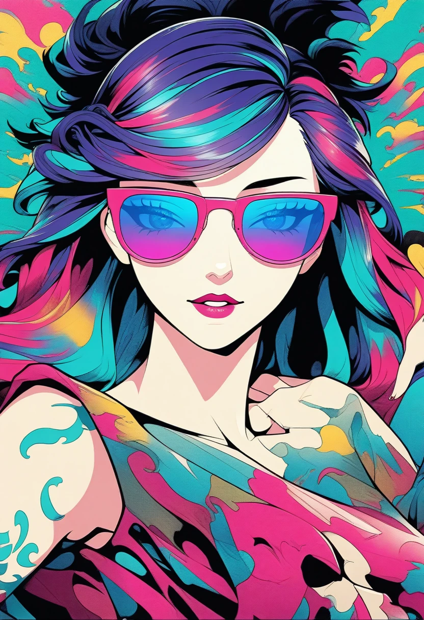 一幅  vibrant  的波普艺术插图，  taken up close in color inkjet “JINX”  ，  vibrant  ， Colored sunglasses ，Tattoo，Model pose，  animated illustration  ，  best quality，  Ultra HD， A vibrant pop art illustration of Jinx  