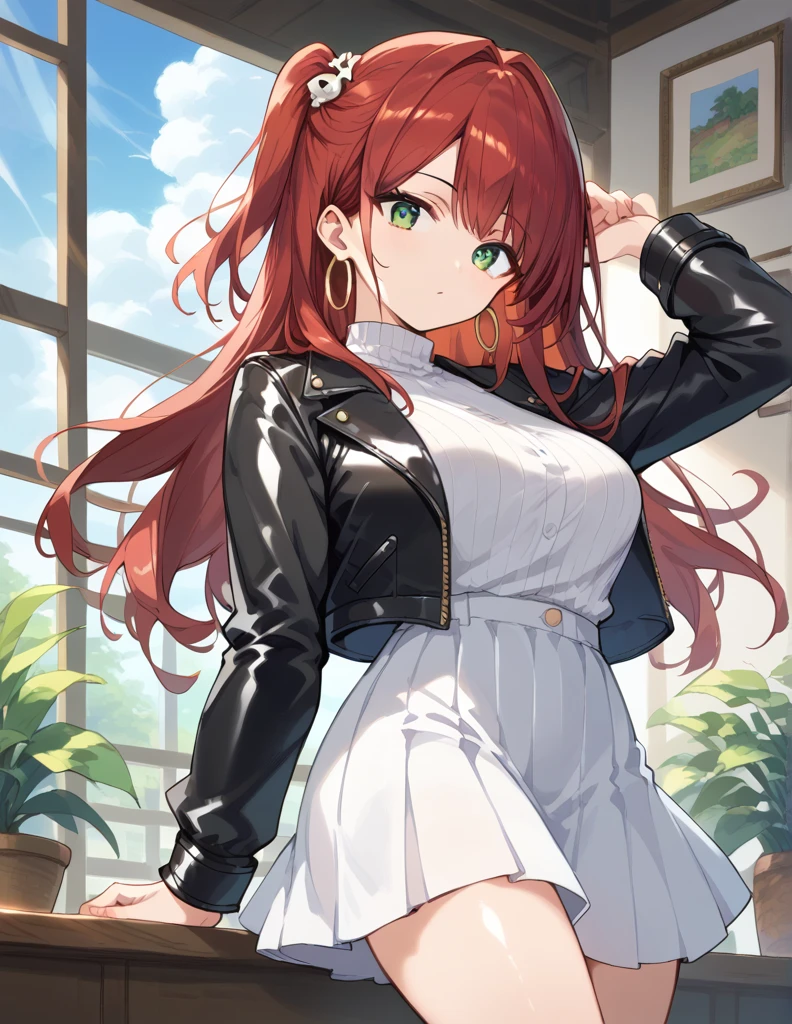 score_9, score_8_up, score_7_up, source_Cartoon, Morning Fragrance  ,   red hair, (green eyes, one side up),,hair accessories,   Shiny Skin , long hair, Hoop Earrings... White Leather Jacket... White Skirt.Leather Black Horse Boots ..